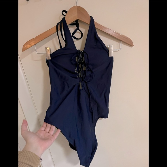 Aerie Navy blue lace up front one piece halter swimsuit size S - Picture 4 of 6
